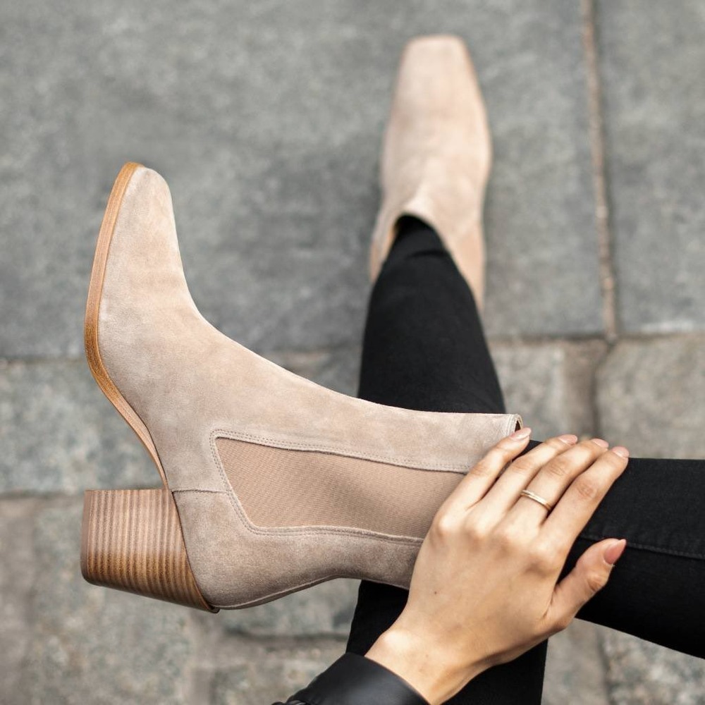 Thursday Boot Soho Taupe Suede Square Toe Chelsea Boots Sand 8 Stacked Heel